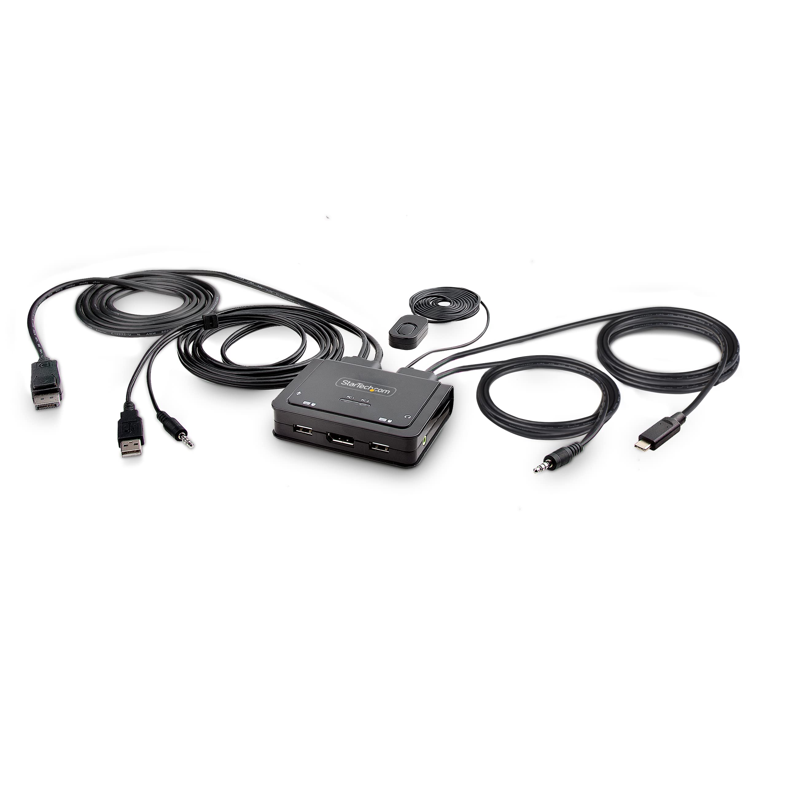 StarTech.com 2-Port Hybrid USB-C DisplayPort Cable KVM Switch, 4K 60Hz, Compact KVM with 6ft/1.8m USB-A/DP/Audio & 4ft/1.2m USB-C Integrated Cables, Bus Powered, Hotkey Switching (C2-D46-UAC-CBL-KVM
