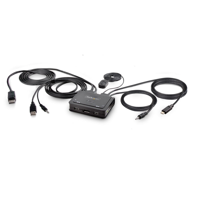 StarTech.com 2-Port Hybrid USB-C DisplayPort Cable KVM Switch, 4K 60Hz, Compact KVM with 6ft/1.8m USB-A/DP/Audio & 4ft/1.2m USB-C Integrated Cables, Bus Powered, Hotkey Switching (C2-D46-UAC-CBL-KVM