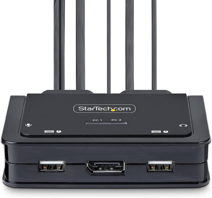 StarTech.com 2-Port Hybrid USB-C DisplayPort Cable KVM Switch, 4K 60Hz, Compact KVM with 6ft/1.8m USB-A/DP/Audio & 4ft/1.2m USB-C Integrated Cables, Bus Powered, Hotkey Switching (C2-D46-UAC-CBL-KVM