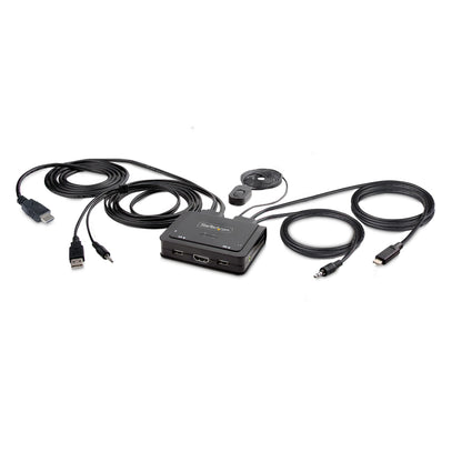 StarTech.com 2-Port Hybrid USB-C HDMI Cable KVM Switch, 4K 60Hz, Compact KVM with 6ft/1.8m USB-A/HDMI/Audio & 4ft/1.2m USB-C Integrated Cables, Bus Powered, Hotkey Switching (C2-H46-UAC-CBL-KVM