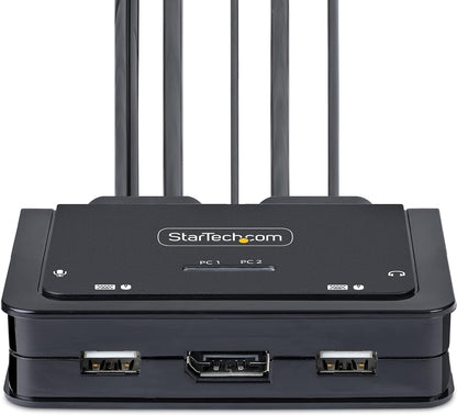 StarTech.com 2-Port USB-C Cable KVM Switch, 4K 60Hz DisplayPort Output, Compact KVM with 4ft/1.2m USB Type-C/Audio Integrated Host Cables, Bus Powered, Remote/Hotkey Switching (C2-D46-UC2-CBL-KVM