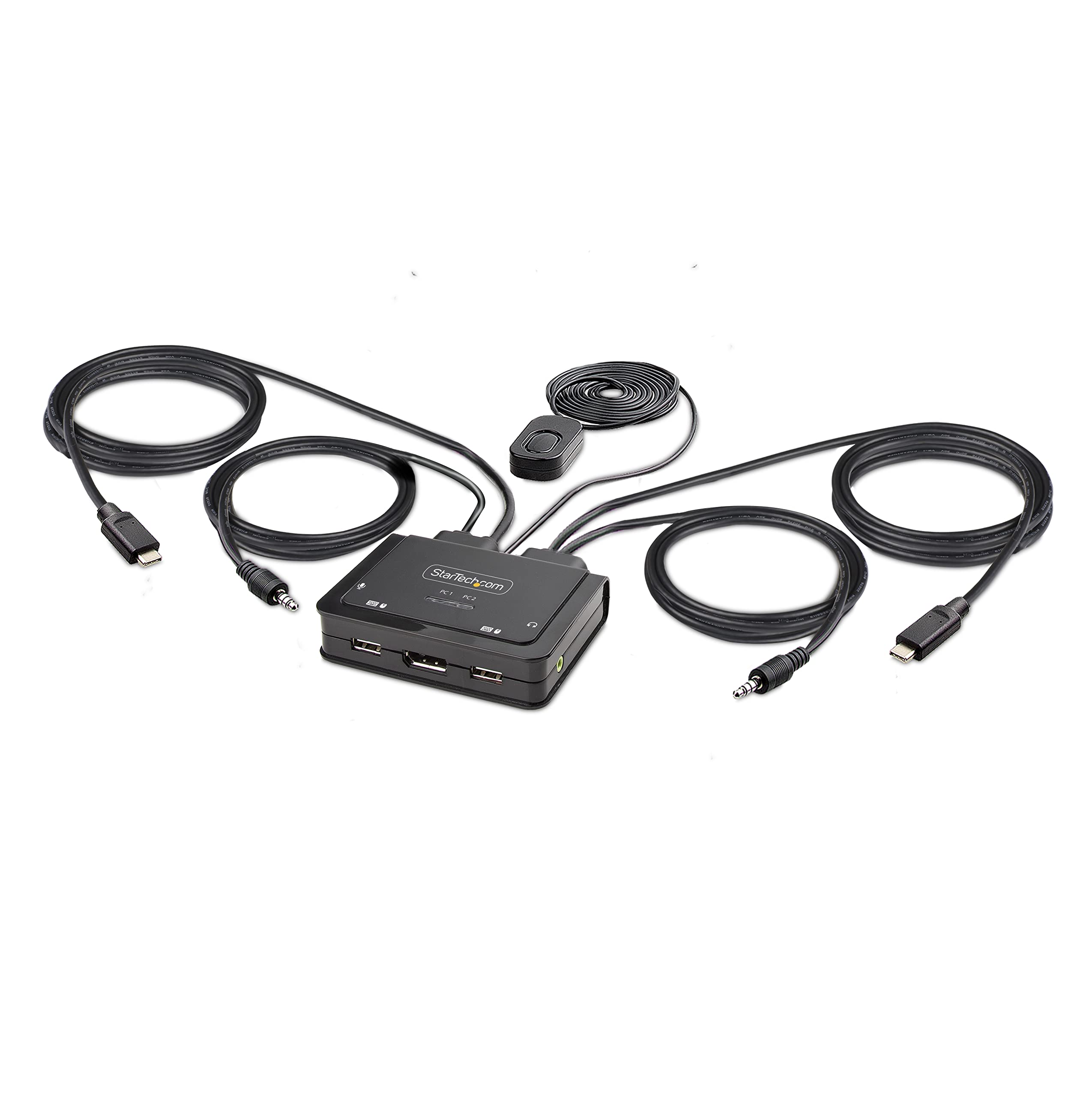 StarTech.com 2-Port USB-C Cable KVM Switch, 4K 60Hz DisplayPort Output, Compact KVM with 4ft/1.2m USB Type-C/Audio Integrated Host Cables, Bus Powered, Remote/Hotkey Switching (C2-D46-UC2-CBL-KVM