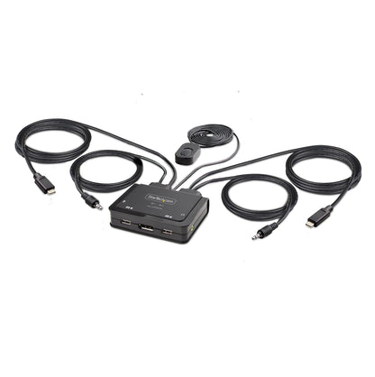 StarTech.com 2-Port USB-C Cable KVM Switch, 4K 60Hz DisplayPort Output, Compact KVM with 4ft/1.2m USB Type-C/Audio Integrated Host Cables, Bus Powered, Remote/Hotkey Switching (C2-D46-UC2-CBL-KVM