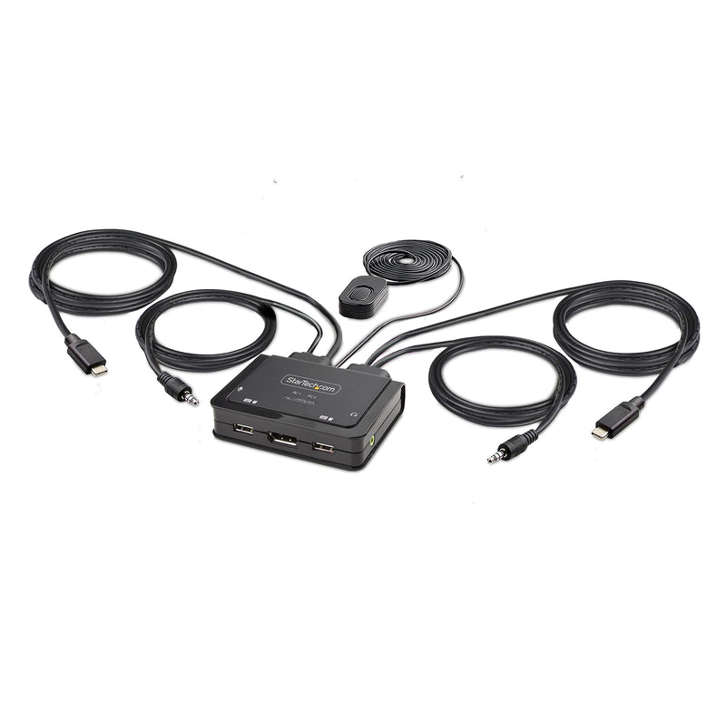 StarTech.com 2-Port USB-C Cable KVM Switch, 4K 60Hz DisplayPort Output, Compact KVM with 4ft/1.2m USB Type-C/Audio Integrated Host Cables, Bus Powered, Remote/Hotkey Switching (C2-D46-UC2-CBL-KVM