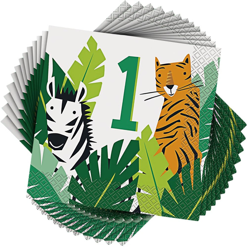 Unique-1st Birthday Animals Luncheon Napkins PCS. Tovaglioli per Il Primo Compleanno, Motivo: Animali Safari, 16 Pezzi, Multicolore, 78352