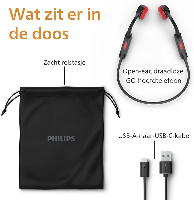 PHILIPS TAA5608BK/00 Open-Ear Wireless Sports Headphones | Bone Conduction | Bluetooth LE Audio & LC3 | IPX5 Water Resistant | Up To 6 Hours Play Time | LED Safety Lights | Microphone | Black