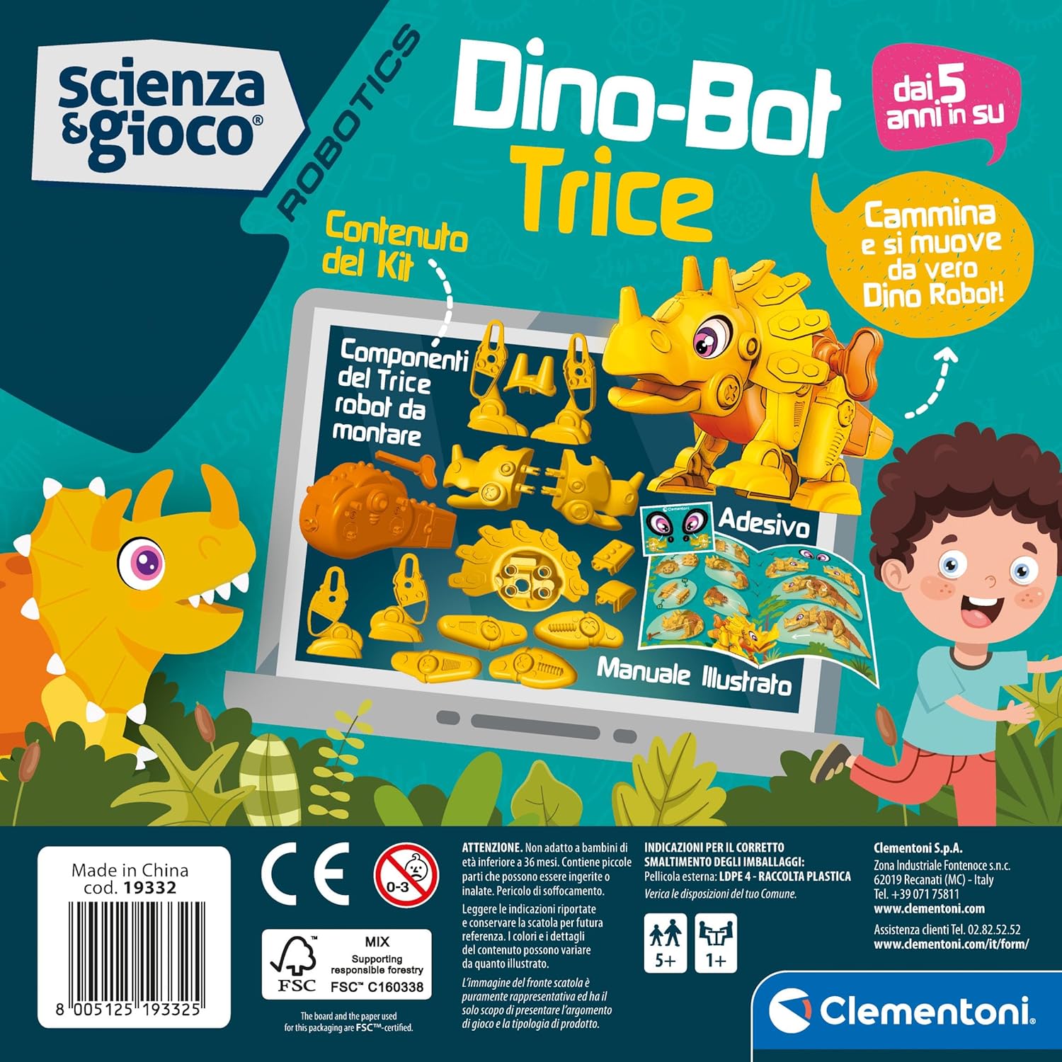 Clementoni Clementoni-19332 Scienza Robotics-Dino Bot Costruire, Laboratorio Robotica, Modello Dinosauro Triceratopo, STEM, Gioco Scientifico 5 Anni, Made in Italy, Colore Italiano, 19332