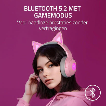 Razer Kraken Kitty V2 BT - Wireless Bluetooth RGB Headset with Kitty Ears (Bluetooth 5.2, TriForce 40 mm Drivers, Integrated Beamforming Noise-cancelling Mics, Up to 40 Hrs Battery Life) Quartz Pink