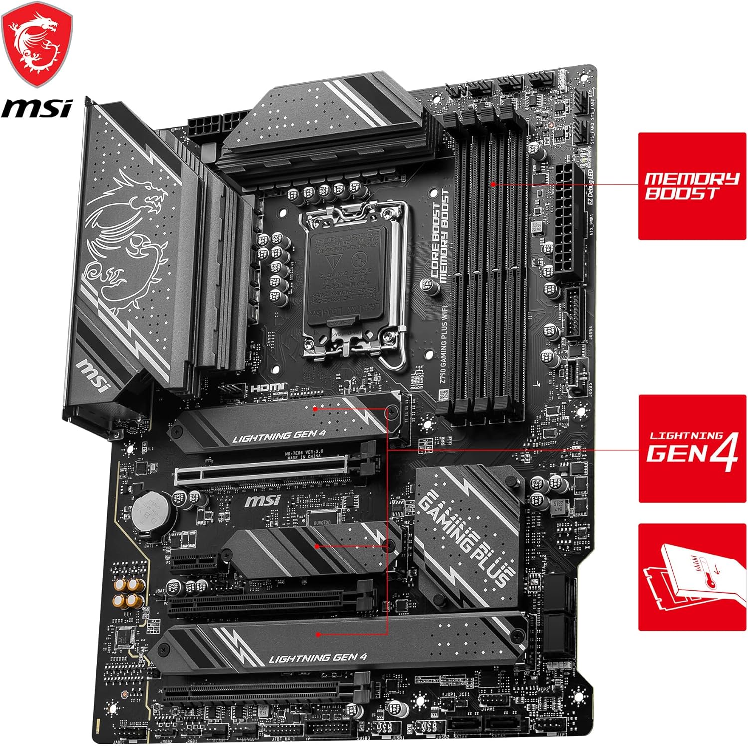 MSI Z790 GAMING PLUS WIFI Mainboard, ATX - Unterstützt Intel Core Prozessoren der 12., 13. und 14. Gen, LGA 1700 - DDR5 Memory Boost 7200+MHz/OC, 1 x PCIe 5.0 x16, 4 x M.2 Gen4, 2.5G LAN, Wi-Fi 6E