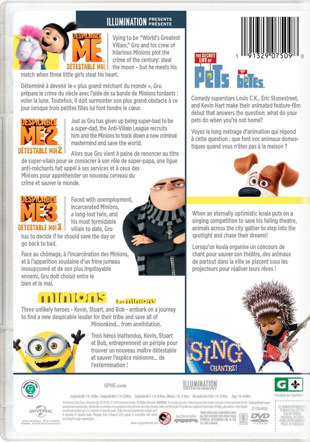 Illumination Presents: 6-Movie Collection Despicable Me / Despicable Me 2 / Despicable Me 3 / Minions / The Secret Life of Pets / Sing