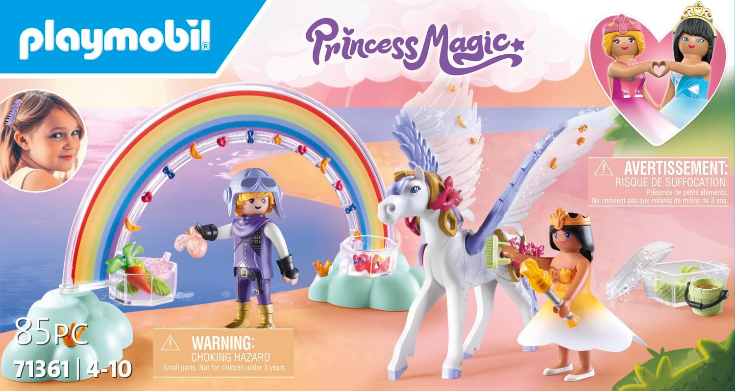 Playmobil 71361 Princess Magic: Pegasus with Rainbow in the Clouds, enchanting set with tools for grooming and feeding the Pegasus, fun imaginative role-play, playsets suitable for children ages 4+