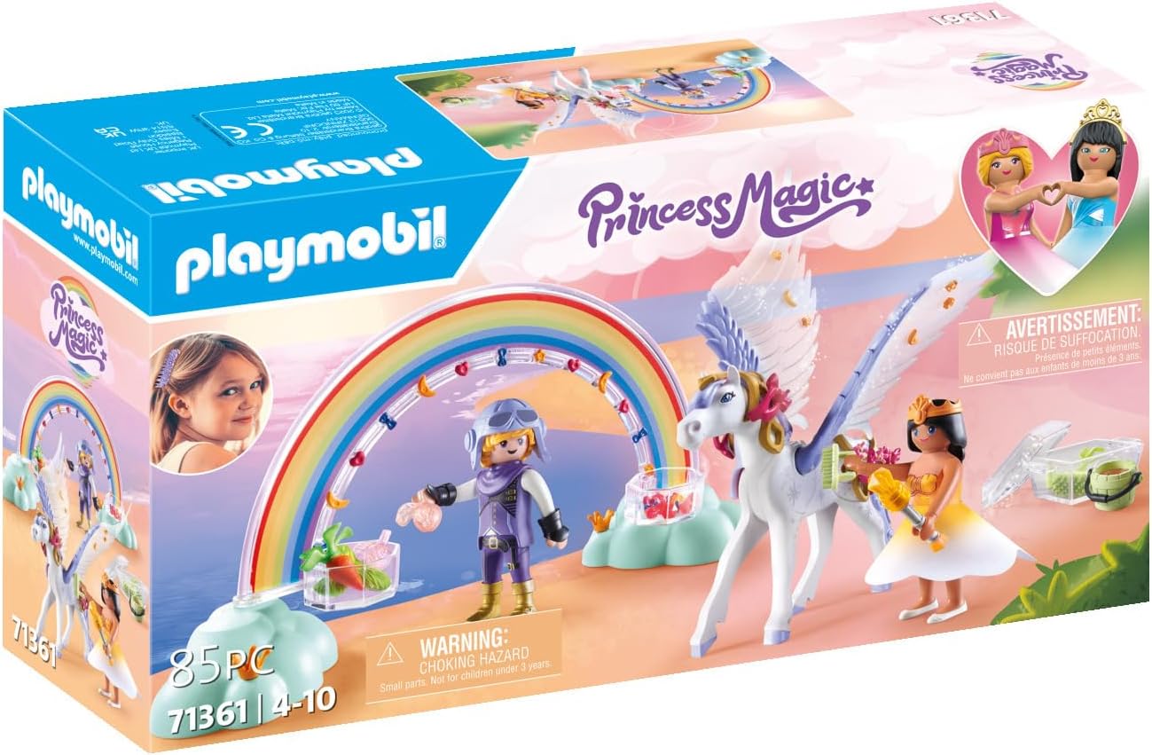 Playmobil 71361 Princess Magic: Pegasus with Rainbow in the Clouds, enchanting set with tools for grooming and feeding the Pegasus, fun imaginative role-play, playsets suitable for children ages 4+