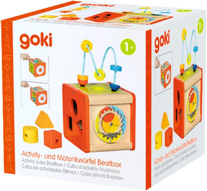 GOKI- Activity Motorikwürfel Beatbox aus Holz und Metall Juguetes para apilar y Encajar, Color Cubo de Juego Colorido con Sonidos, 14x14x24cm, AB 1 Jahr (59966
