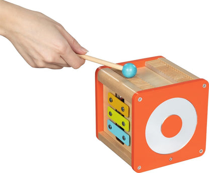 GOKI- Activity Motorikwürfel Beatbox aus Holz und Metall Juguetes para apilar y Encajar, Color Cubo de Juego Colorido con Sonidos, 14x14x24cm, AB 1 Jahr (59966