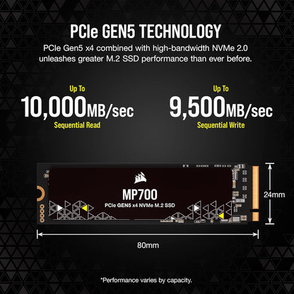 Corsair MP700 2TB PCIe Gen5 x4 NVMe 2.0 M.2 SSD - High-Density TLC NAND - M.2 2280 - DirectStorage-Kompatibel - Bis zu 10.000MB/sec - PCIe Gen4 & Gen3 Abwärtskompatibel - Schwarz