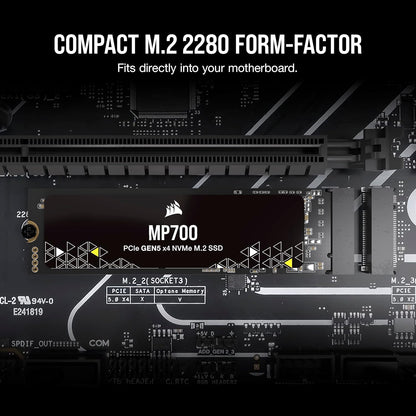 Corsair MP700 2TB PCIe Gen5 x4 NVMe 2.0 M.2 SSD - High-Density TLC NAND - M.2 2280 - DirectStorage-Kompatibel - Bis zu 10.000MB/sec - PCIe Gen4 & Gen3 Abwärtskompatibel - Schwarz