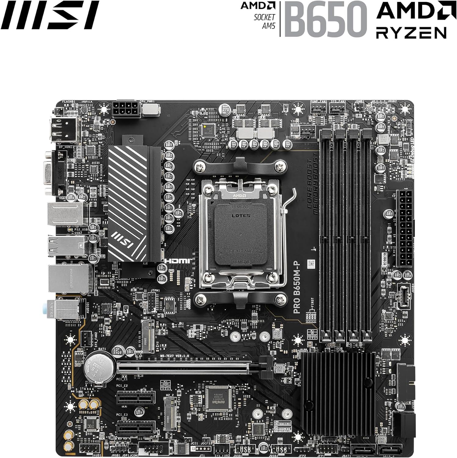MSI PRO B650M-P Motherboard, Micro-ATX - Supports AMD Ryzen 7000 Series Processors, AM5 - DDR5 Memory Boost 6000+MHz/OC, 1 x PCIe 4.0 x16, 2 x M.2 Gen4, 2.5G LAN