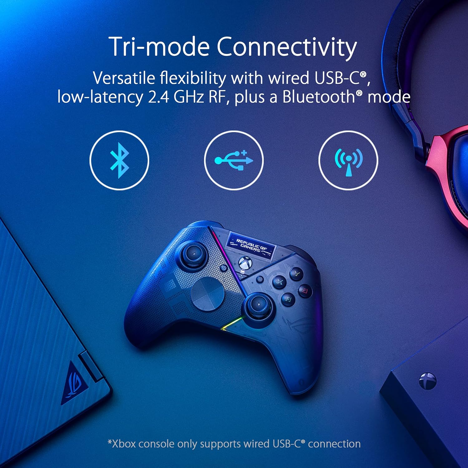 ASUS ROG Raikiri Pro PC Controller (OLED Display, einstellbare Trigger und Joystick, Aura RGB Beleuchtung, ESS DAC, 3,5-mm Kopfhörerbuchse, Stummschalttaste, USB-C, 2,4 GHz, Bluetooth