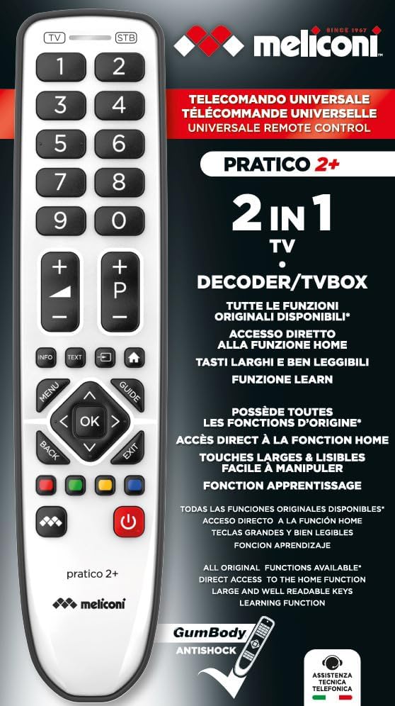 MELICONI Gumbody Practical 2+ Universal 2 in 1 Remote Control with Rubber Body Ideal for 1 TV and 1 External Decoder