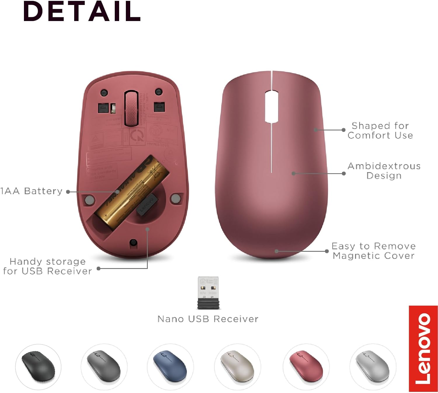 Lenovo 530 Wireless Mouse, Ambidextrous Design, Nano USB Connection, Compatible with Windows Laptops and PCs –