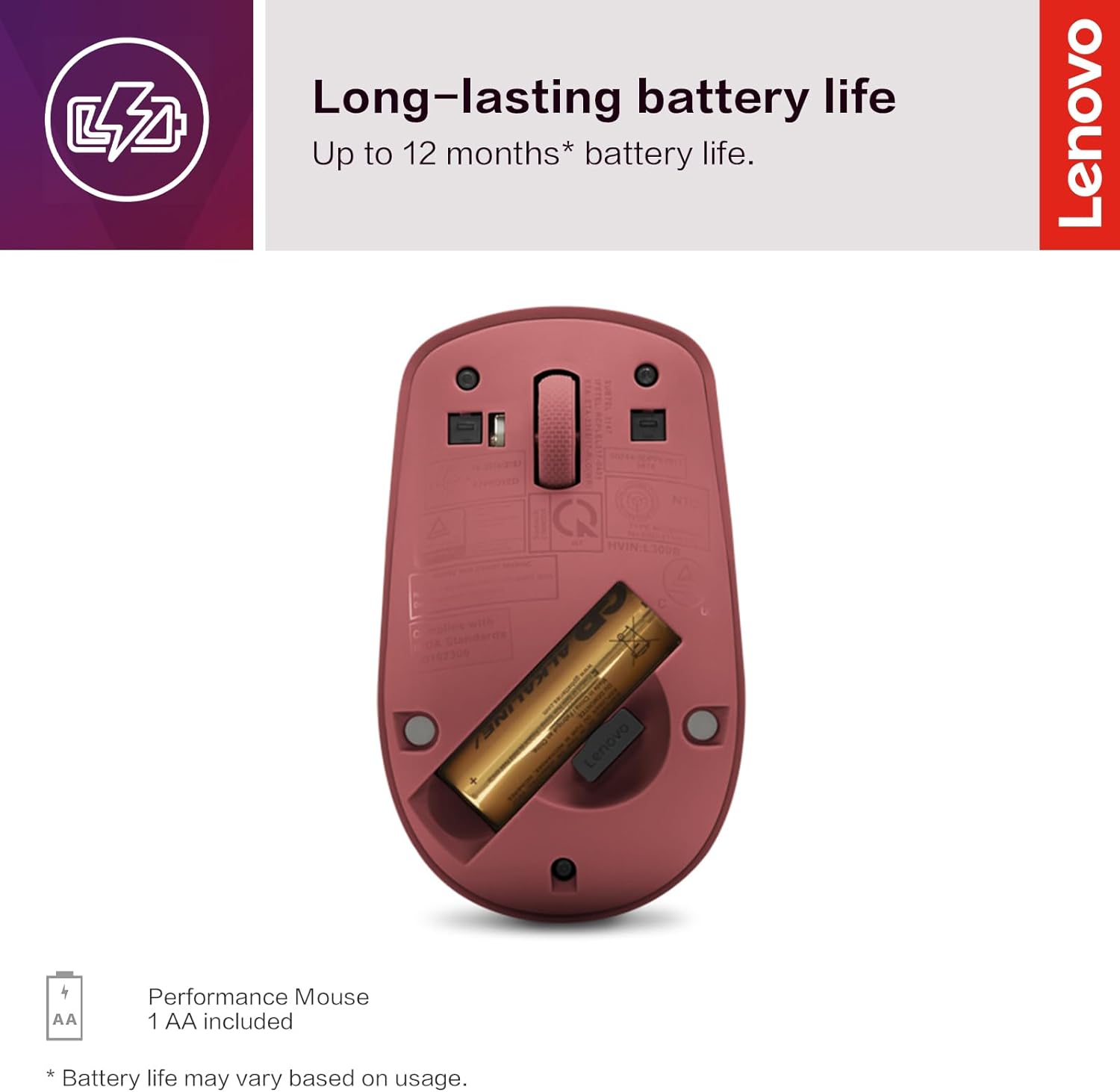 Lenovo 530 Wireless Mouse, Ambidextrous Design, Nano USB Connection, Compatible with Windows Laptops and PCs –