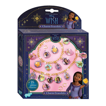 Totum Disney Wish Charm Bracelet Jewellery Craft Set, Make 2 Charm Bracelets with Gold Coloured Links and 18 Glittery Puffy Charms, Suits Ages 4 Years+
