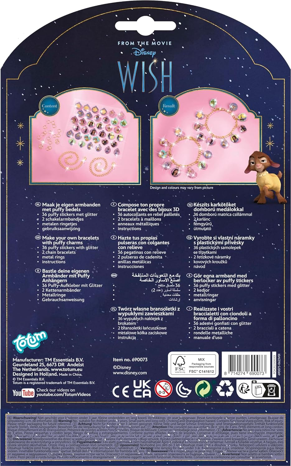 Totum Disney Wish Charm Bracelet Jewellery Craft Set, Make 2 Charm Bracelets with Gold Coloured Links and 18 Glittery Puffy Charms, Suits Ages 4 Years+