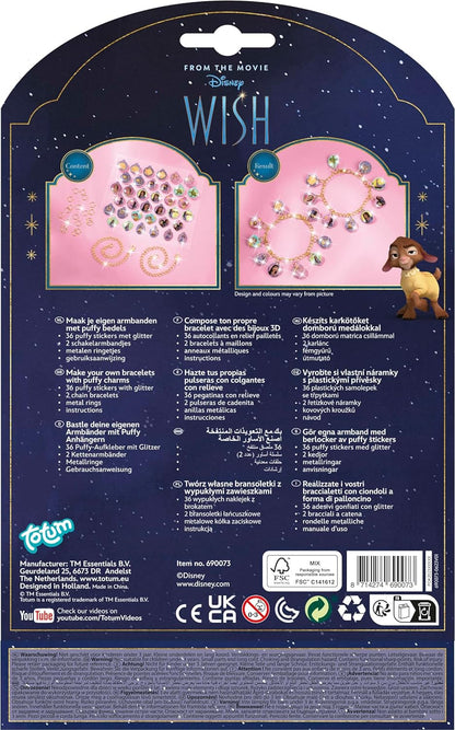 Totum Disney Wish Charm Bracelet Jewellery Craft Set, Make 2 Charm Bracelets with Gold Coloured Links and 18 Glittery Puffy Charms, Suits Ages 4 Years+