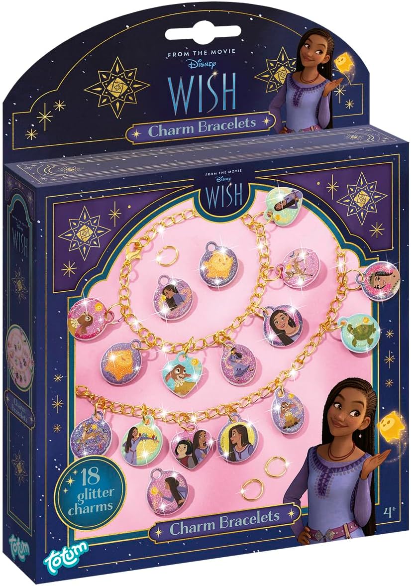 Totum Disney Wish Charm Bracelet Jewellery Craft Set, Make 2 Charm Bracelets with Gold Coloured Links and 18 Glittery Puffy Charms, Suits Ages 4 Years+