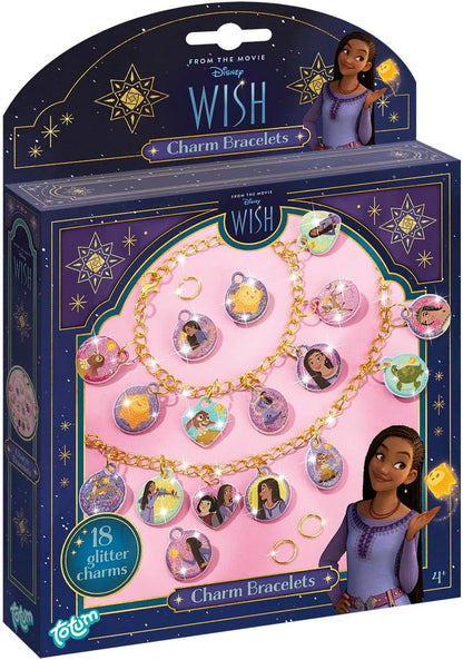 Totum Disney Wish Charm Bracelet Jewellery Craft Set, Make 2 Charm Bracelets with Gold Coloured Links and 18 Glittery Puffy Charms, Suits Ages 4 Years+