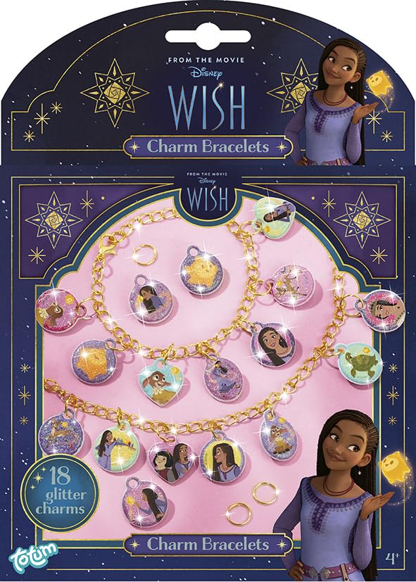 Totum Disney Wish Charm Bracelet Jewellery Craft Set, Make 2 Charm Bracelets with Gold Coloured Links and 18 Glittery Puffy Charms, Suits Ages 4 Years+