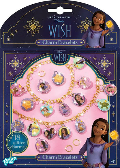 Totum Disney Wish Charm Bracelet Jewellery Craft Set, Make 2 Charm Bracelets with Gold Coloured Links and 18 Glittery Puffy Charms, Suits Ages 4 Years+