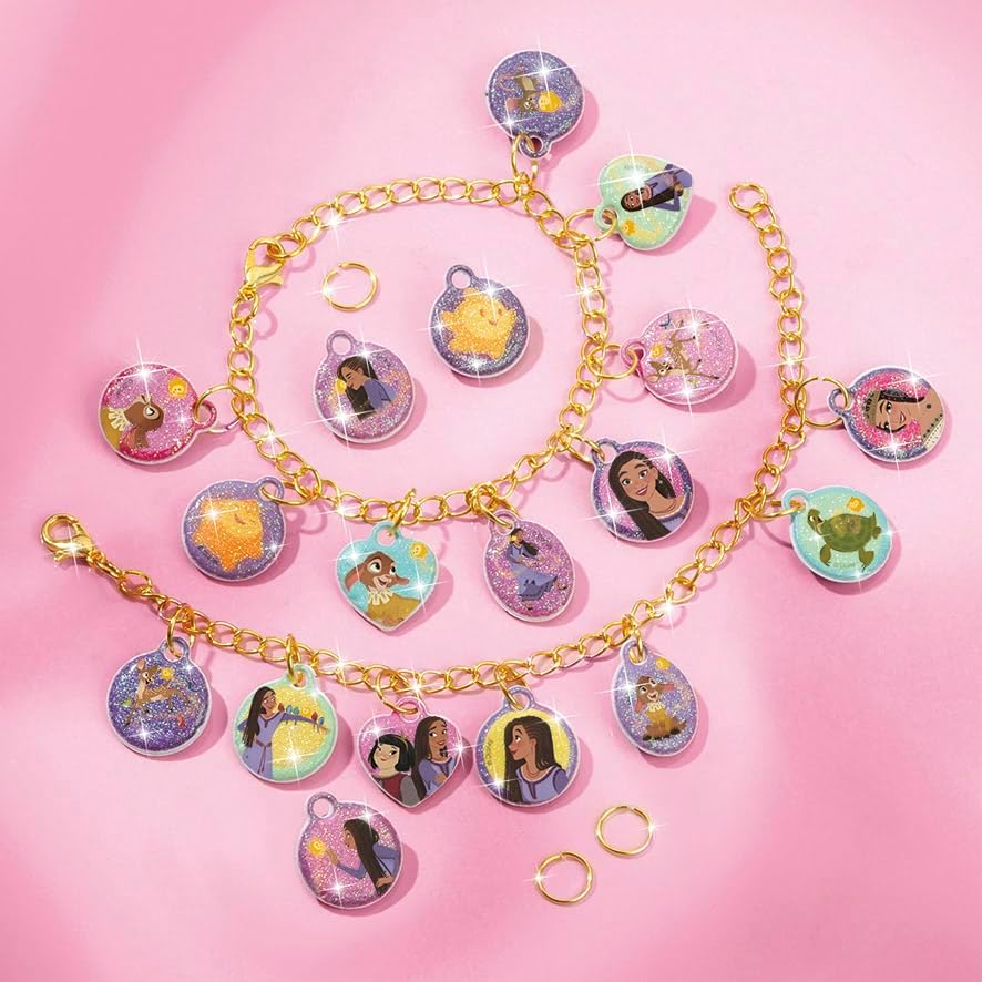 Totum Disney Wish Charm Bracelet Jewellery Craft Set, Make 2 Charm Bracelets with Gold Coloured Links and 18 Glittery Puffy Charms, Suits Ages 4 Years+