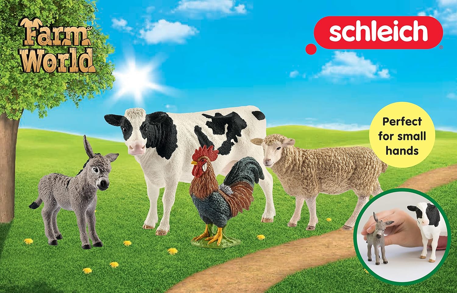 schleich FARM WORLD - Starter Set, Includes 4 x Collectable Toy Farm Animals, Cow, Sheep, Donkey Foal and Rooster Animals Toys for Kids ages 3+