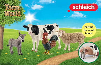 schleich FARM WORLD - Starter Set, Includes 4 x Collectable Toy Farm Animals, Cow, Sheep, Donkey Foal and Rooster Animals Toys for Kids ages 3+