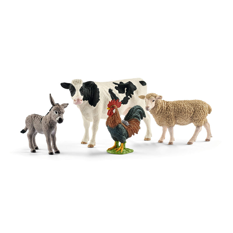 schleich FARM WORLD - Starter Set, Includes 4 x Collectable Toy Farm Animals, Cow, Sheep, Donkey Foal and Rooster Animals Toys for Kids ages 3+