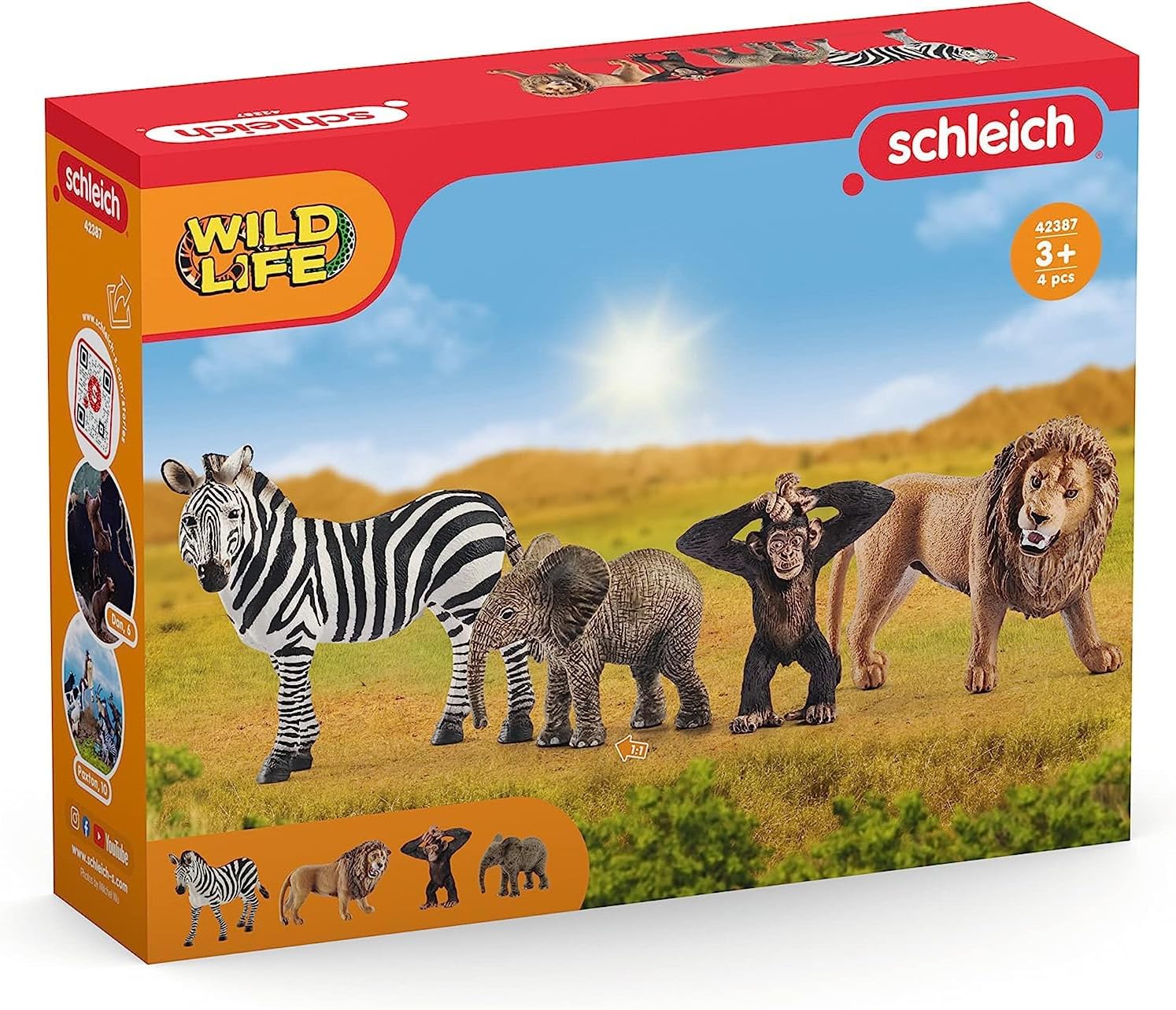 schleich WILD LIFE - Starter Set, Includes 4 x Collectable Toy Animals, Zebra, Lion, Baby African Elephant and Infant Chimpanzee Animals Toys for Kids aged 3+