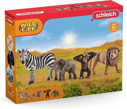 schleich WILD LIFE - Starter Set, Includes 4 x Collectable Toy Animals, Zebra, Lion, Baby African Elephant and Infant Chimpanzee Animals Toys for Kids aged 3+