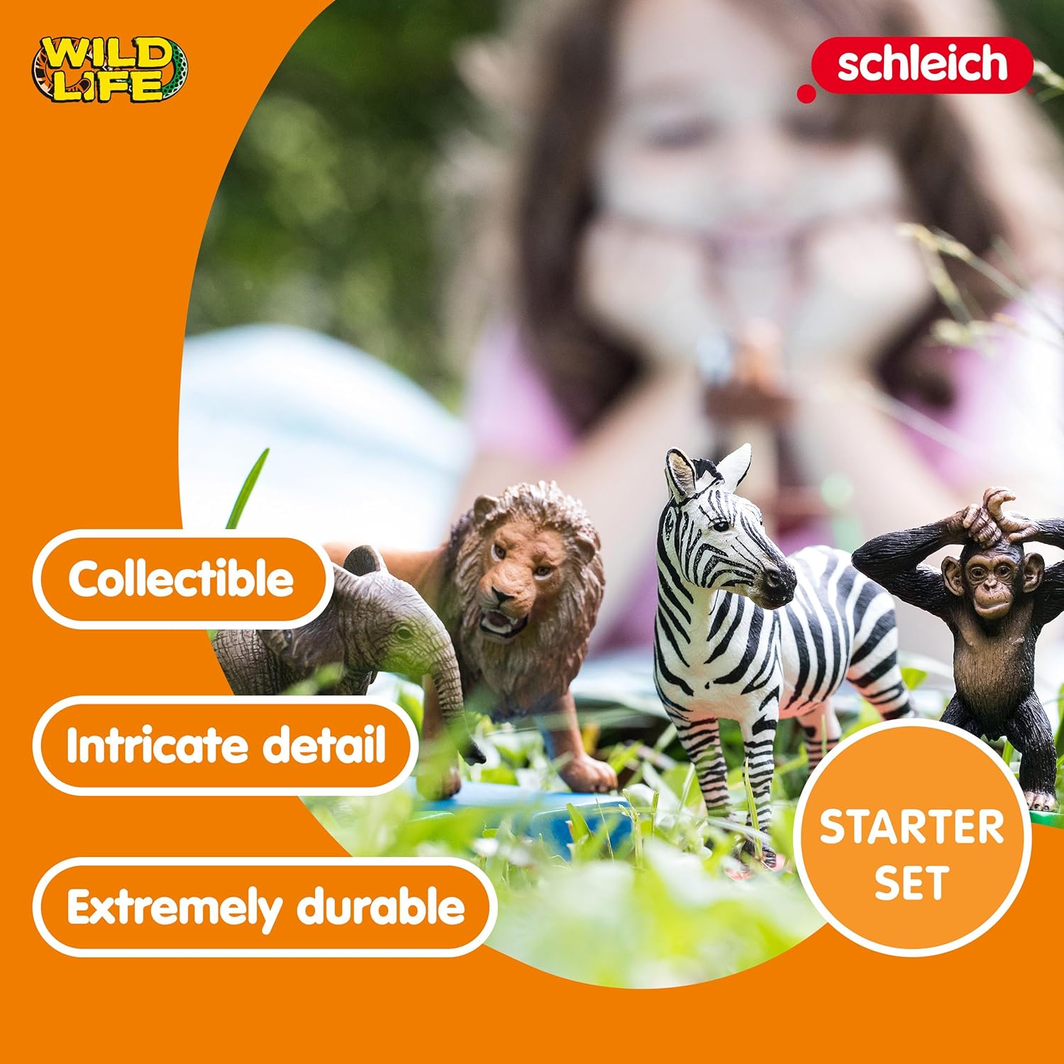schleich WILD LIFE - Starter Set, Includes 4 x Collectable Toy Animals, Zebra, Lion, Baby African Elephant and Infant Chimpanzee Animals Toys for Kids aged 3+