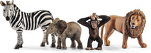 schleich WILD LIFE - Starter Set, Includes 4 x Collectable Toy Animals, Zebra, Lion, Baby African Elephant and Infant Chimpanzee Animals Toys for Kids aged 3+