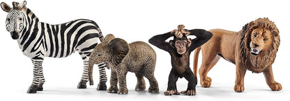 schleich WILD LIFE - Starter Set, Includes 4 x Collectable Toy Animals, Zebra, Lion, Baby African Elephant and Infant Chimpanzee Animals Toys for Kids aged 3+