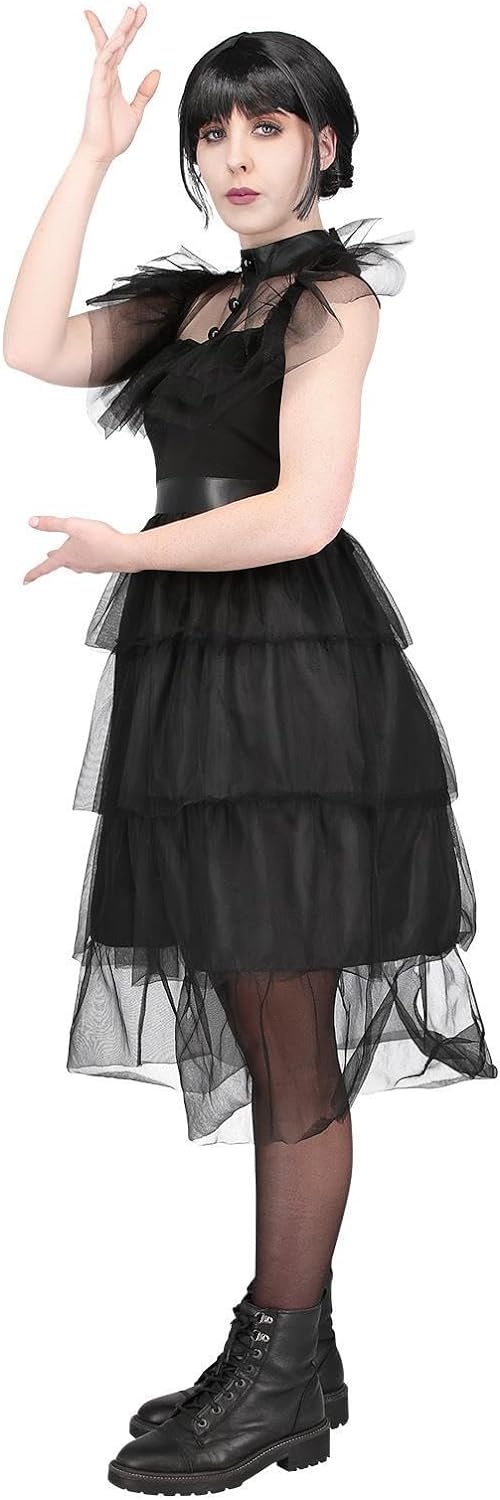Smiffys Adult Gothic Prom Costume Dress with Mesh Frills, Halloween Adult Fancy Dress, Gothic Schoolgirl Dress Up Costumes