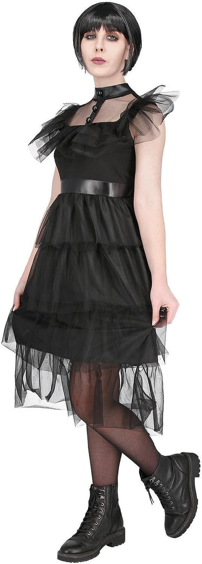 Smiffys Adult Gothic Prom Costume Dress with Mesh Frills, Halloween Adult Fancy Dress, Gothic Schoolgirl Dress Up Costumes