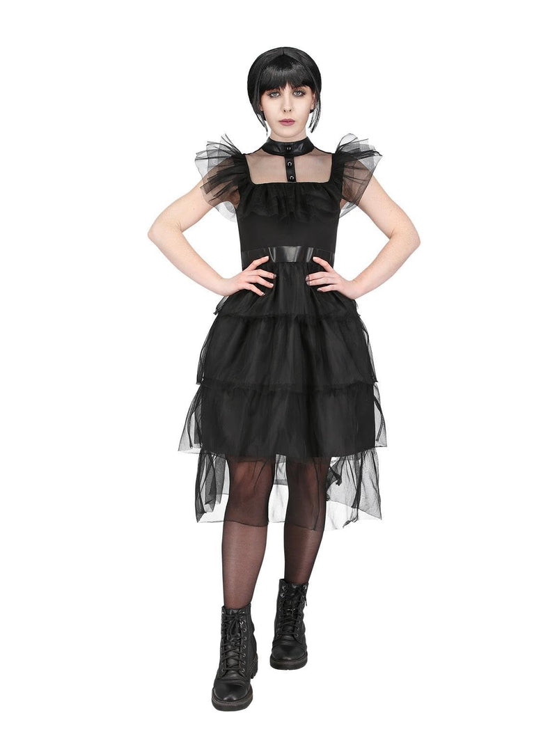 Smiffys Adult Gothic Prom Costume Dress with Mesh Frills, Halloween Adult Fancy Dress, Gothic Schoolgirl Dress Up Costumes