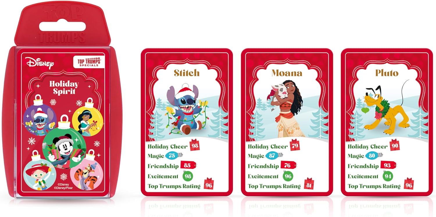 Top Trumps Disney Holiday Spirit, spezielles Lernkartenspiel, spielt mit Stitch, Moana, Pluto und Tigger, tolles Geschenk und Weihnachtsstrumpffüllung, für Kinder ab 8 Jahren