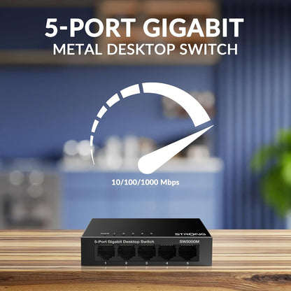 STRONG 5 Puertos RJ45 Gigabit Ethernet Switch|Función Auto MDI/MDX|Metal|Silencioso|Alta Velocidad|Ideal para Ampliar la Red Cableada|4 años de garantía