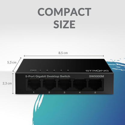 STRONG 5 Puertos RJ45 Gigabit Ethernet Switch|Función Auto MDI/MDX|Metal|Silencioso|Alta Velocidad|Ideal para Ampliar la Red Cableada|4 años de garantía