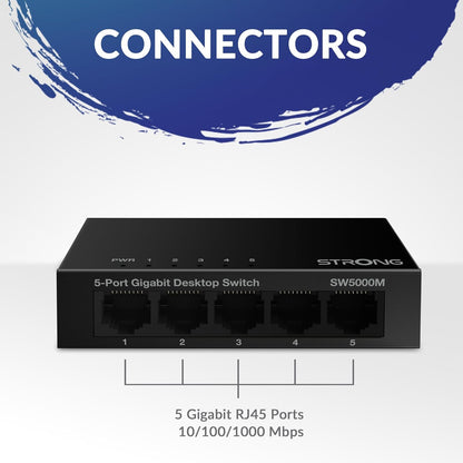 STRONG 5 Puertos RJ45 Gigabit Ethernet Switch|Función Auto MDI/MDX|Metal|Silencioso|Alta Velocidad|Ideal para Ampliar la Red Cableada|4 años de garantía
