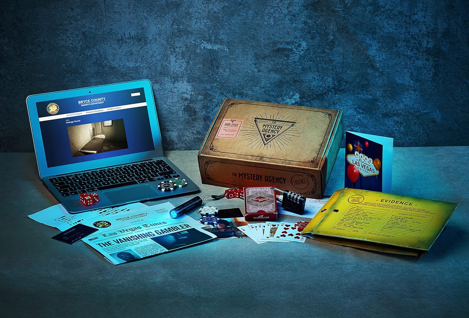 The Mystery Agency Vanishing Gambler : Solve and Escape Room Puzzle in a Box | 25+ Real-life Physical Objects & Evidence Board Games Nights Parties Fully Reusable |Age 14+ 1-6+ Players