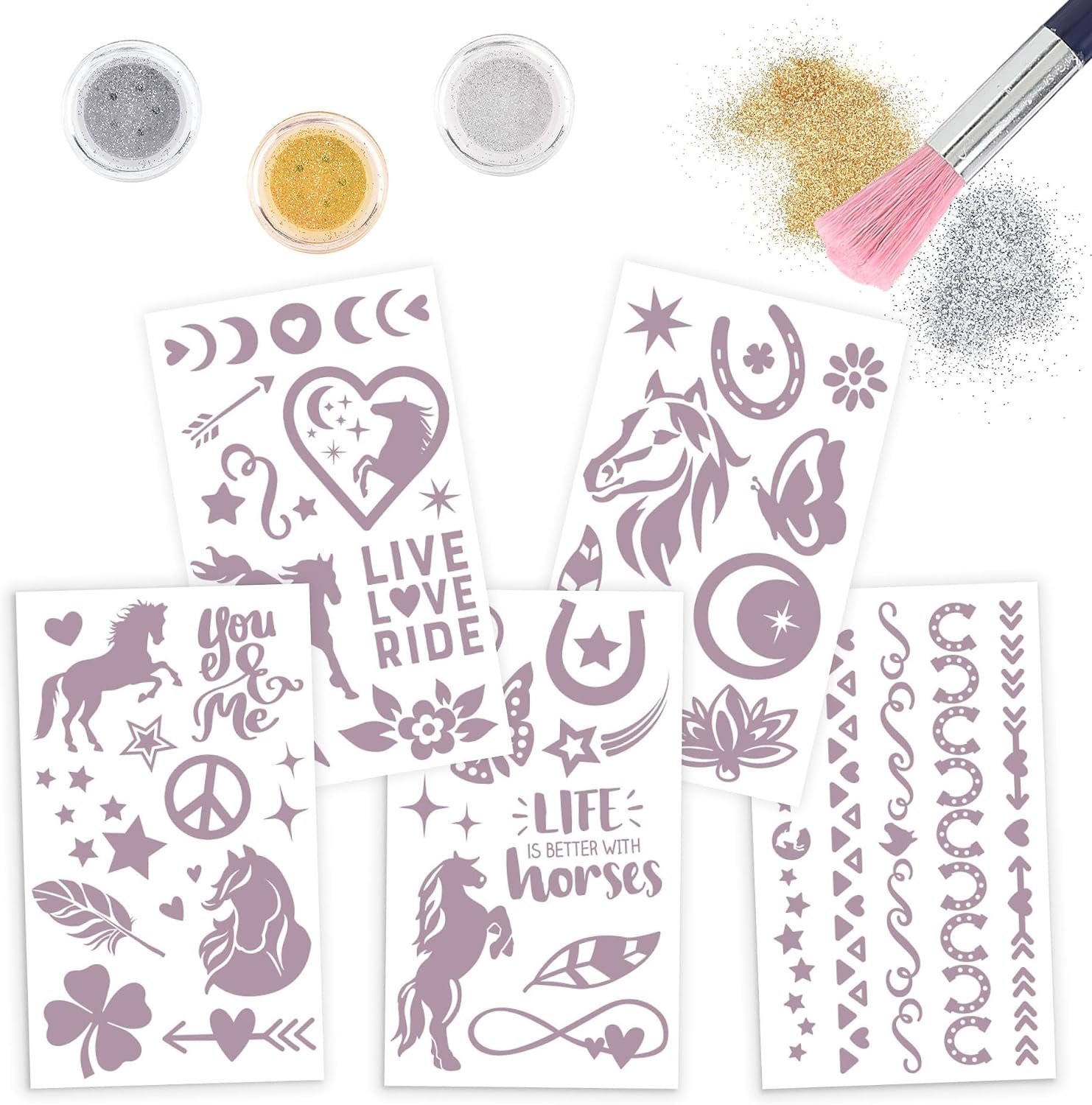 Depesche 12657 Miss Melody Night Horses Children's Kit with 41 Adhesive Tattoos, 1 Brush and 3 Glitter Powders in Silver, White and Gold